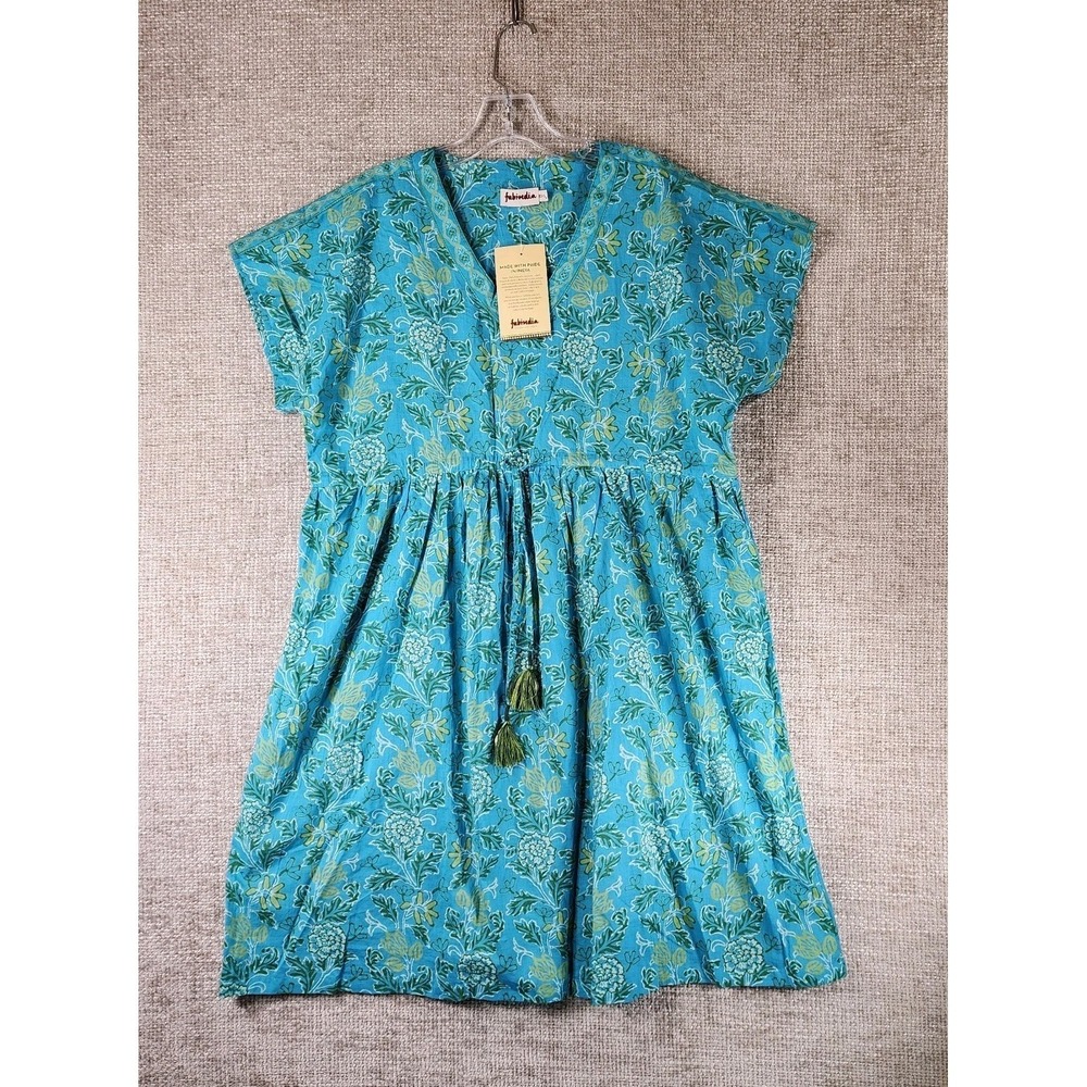 Fabindia Cotton Midi Dress Aqua Floral Print Womens XS/S Tie Waist Tassels NEW